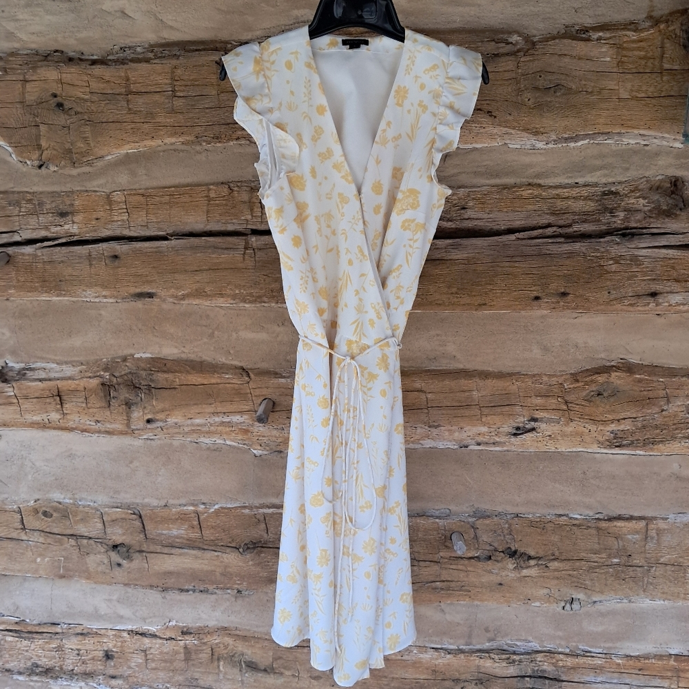 Ann Taylor White & Yellow Floral Print Midi Polyester Wrap Dress Size 8